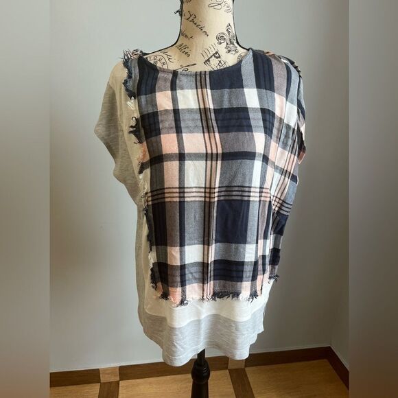 POSTMARK Anthropologie Multi-Color Mixed Fabric Plaid Jersey Top Womens Size M - Picture 1 of 7